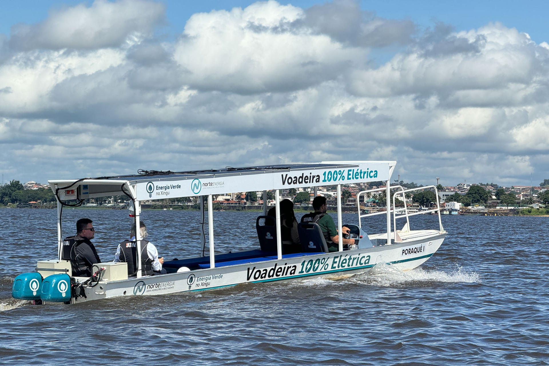 Undated handout photo released by Norte Energia showing an electric boat sailing on the Guamá River in Belém, Brazil. EFE/ Helderlana/ Norte Energía /EDITORIAL USE ONLY/ NO SALES/ ONLY AVAILABLE TO ILLUSTRATE THE ACCOMPANYING NEWS STORY (MANDATORY CREDIT)