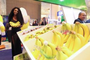 Una mujer muestra un racimo de bananos durante el Banana Time Guayaquil 2025 este martes, en Guayaquil (Ecuador). EFE /Jonathan Miranda