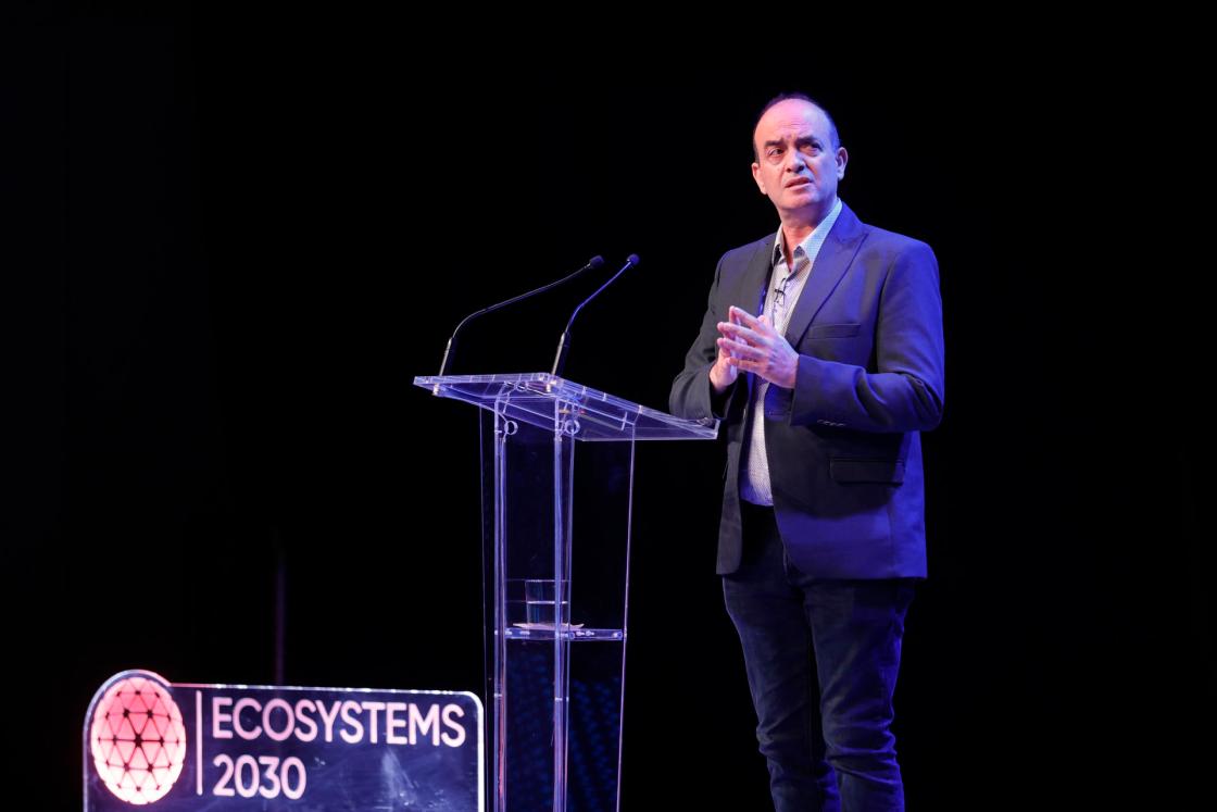 Ecosystems 2030 CEO Omar Hatamleh delivers his opening remarks at the fifth edition of Ecosystems 2030 international forum in A Coruna, north-western Spain, 03 October 2025. The event focuses on artificial intelligence, innovation, sustainability, and entertainment. EFE/Cabalar