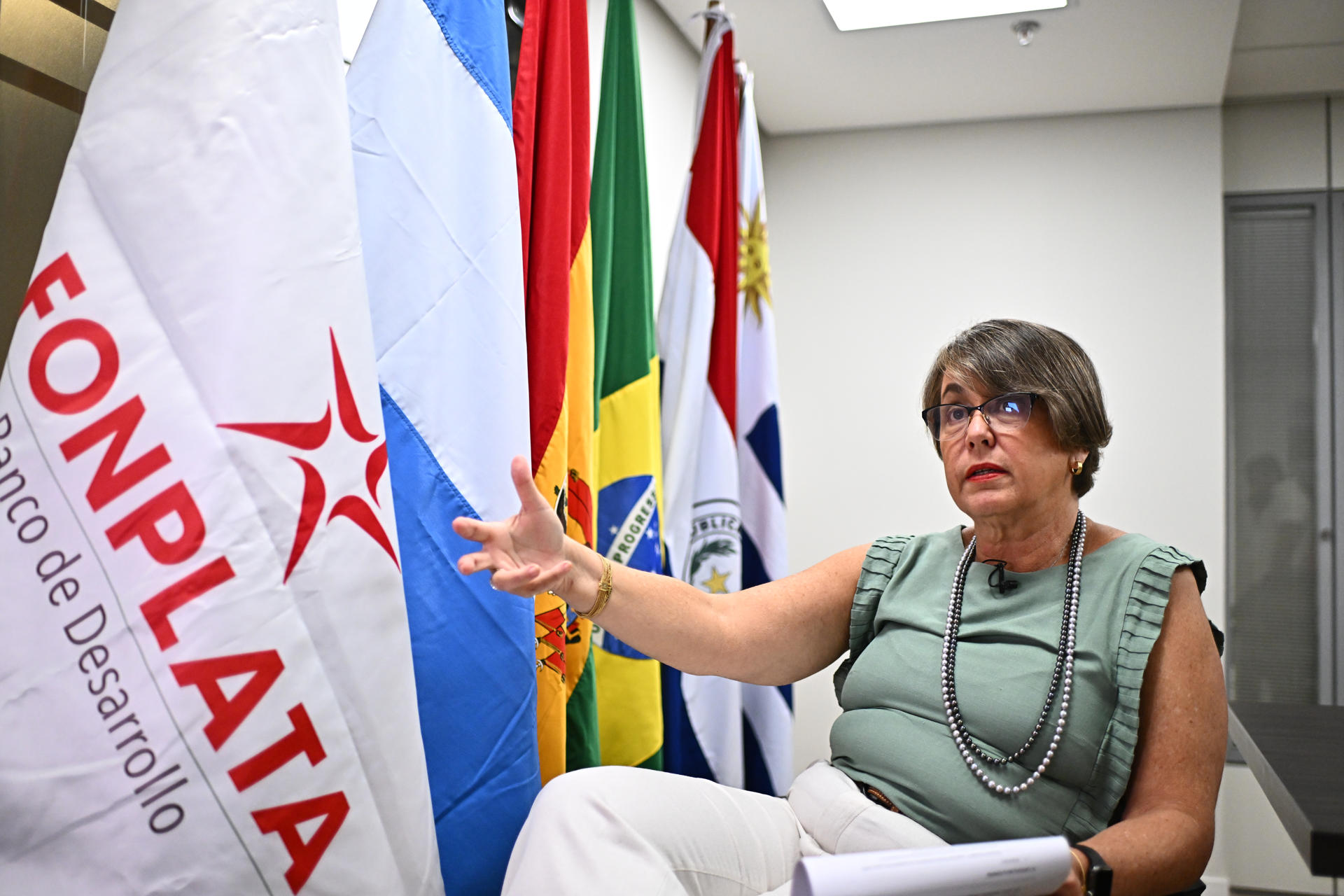 La presidenta ejecutiva de Fonplata, Luciana Botafogo, habla durante una entrevista con EFE este martes, en Brasilia (Brasil). EFE/ Andre Borges