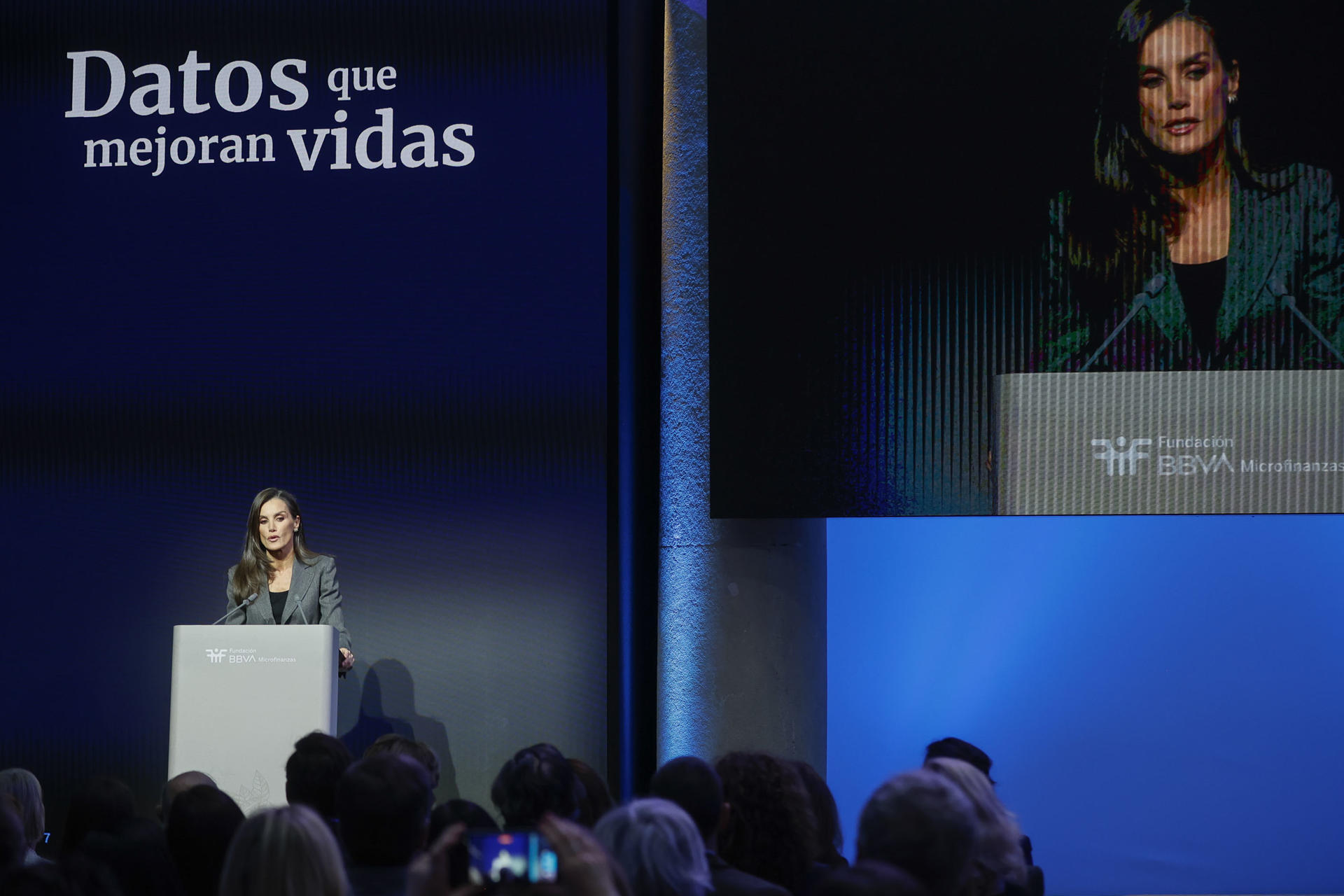 MADRID, 19/11/2025.- La reina Letizia interviene en el acto de la Fundación Microfinanzas-BBVA 'Datos que mejoran vidas', este miércoles en el Palacio del Marqués de Salamanca, en Madrid. EFE/ David Fernández