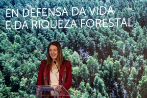 NOGUEIRA DE RAMUÍN (OURENSE), 02/12/2025.- La conselleira de Medio Rural, María José Gómez, interviene en la presentación de los equipos de vigilancia aérea avanzada que cederán Abanca y Afundación a la Xunta para la prevención de incendios forestales, hoy martes en el Parador de Santo Estevo. EFE / Brais Lorenzo