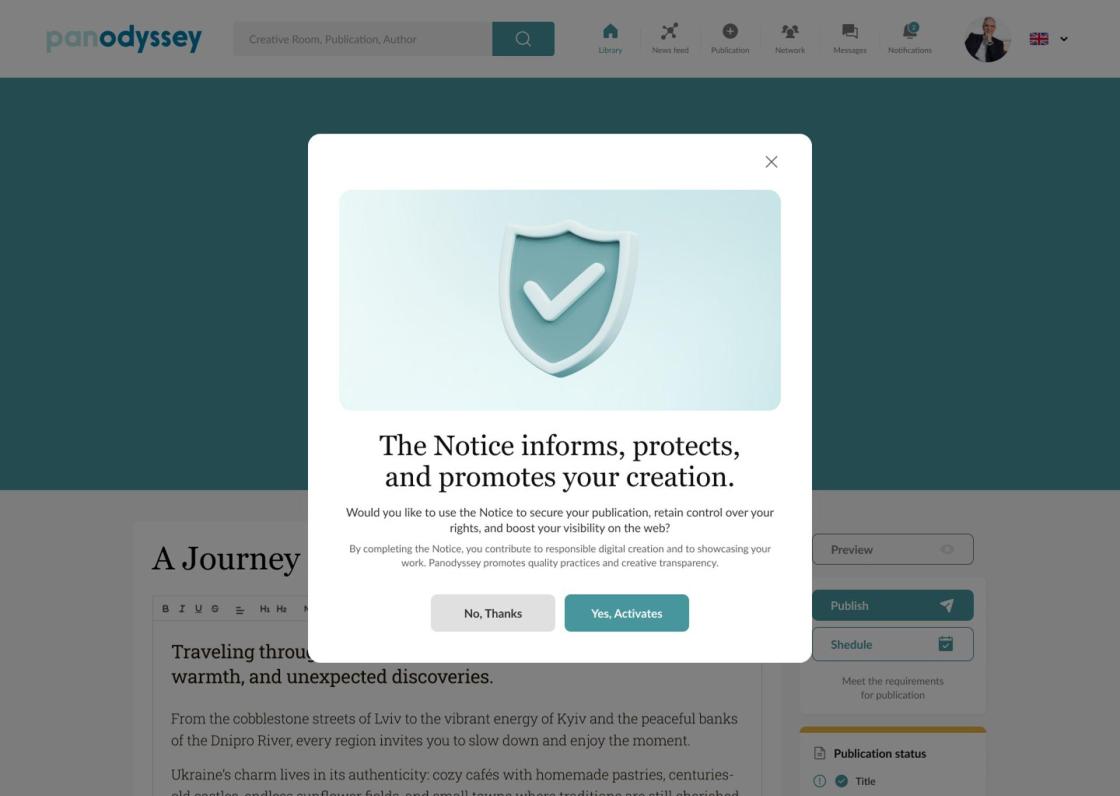 En la imagen, el Aviso de transparencia de Panodyssey, una herramienta que permite a los autores definir de manera clara, pública y técnica las condiciones bajo las cuales sus obras pueden ser utilizadas.EFE/Panodyssey/CEDIDA/CRÉDITO OBLIGATORIO