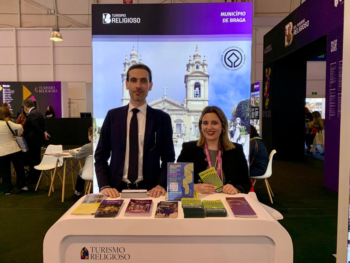 Estand de Braga, promocionando el turismo religioso en la ciudad portuguesa en la feria 'BTL-Better Tourism Lisbon Travel Market' en Lisboa. EFE/Blas Díaz