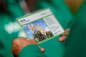 Fotografía de un voluntario de Iberdrola México sosteniendo una tarjeta con la imagen de una flor de izote en Ciudad de México (México). EFE/ Sáshenka Gutiérrez