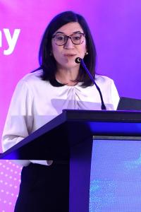 La ministra de Economía de El Salvador, María Luisa Hayem, habla durante el Foro Unión Europea (UE)- Centroamérica (CA) 2026 este viernes, en Ciudad de Panamá (Panamá). EFE/ Carlos Lemos