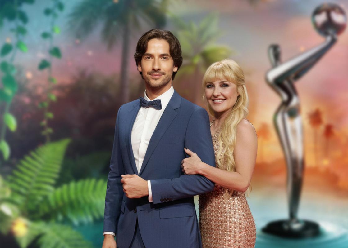 Imagen recreada mediante inteligencia artificial de Carlos Torres y Cayetana Guillén-Cuervo, realizada con el consentimiento previo de ambos presentadores y del autor de la fotografía original. IMAGEN CEDIDA POR EGEDA