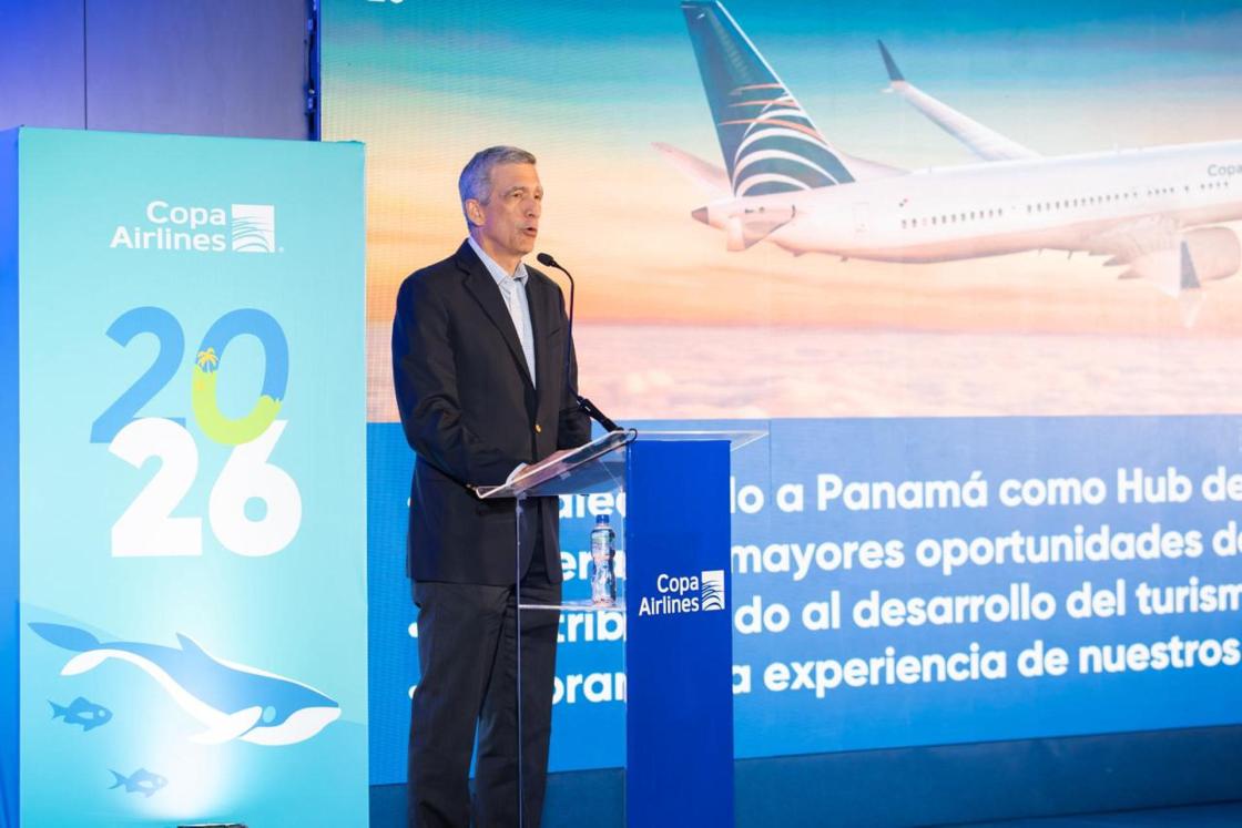 Fotografía cedida por Copa Airlines, que muestra al presidente ejecutivo de Copa Airlines, Pedro Heilbron, hablando durante las proyecciones de Copa Airlines 2026 este jueves, en Ciudad de Panamá (Panamá). EFE/ Copa Airlines /SOLO USO EDITORIAL/ NO VENTAS/ SOLO DISPONIBLE PARA ILUSTRAR LA NOTICIA QUE ACOMPAÑA (CRÉDITO OBLIGATORIO)