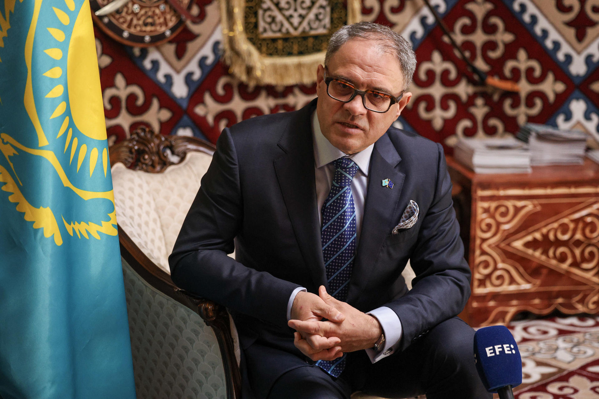 BRUSSELS, 23/06/2026.- Kazakh Ambassador to Brussels Roman Vassilenko during an interview with EFE on Monday in Brussels. Kazakhstan is seeking to deepen its relationship with the European Union during President Kassym-Jomart Tokayev's visit to Brussels this week, where cooperation on critical raw materials, energy supplies and other strategic issues will be discussed as the EU looks to diversify suppliers. EFE/Olatz Castrillo.