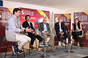 MADRID, 10/06/2026.-Gorka Rubio, director de Patrocinios de MADCUP, Pepe Ortiz, director general de MADCUP, Luis Villarejo, director de Deportes de la Agencia EFE, Sebastián Lateulade, CEO de Sports Summit, y María Benzal, directora comercial y relaciones internacionales de MADCUP, este miércoles durante la presentación Sports Summit Madrid, que se celebrará los próximos 17 y 18 de junio en IFEMA Madrid.- EFE/ Fernando Villar