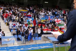 Acto de bienvenida a los alumnos internacionales de la Universidad Católica San Antonio de Murcia (UCAM) del primer semestre del curso 2025-2026, celebrado en el Estadio La Condomina de Murcia. EFE/UCAM/CEDIDA/CRÉDITO OBLIGATORIO
