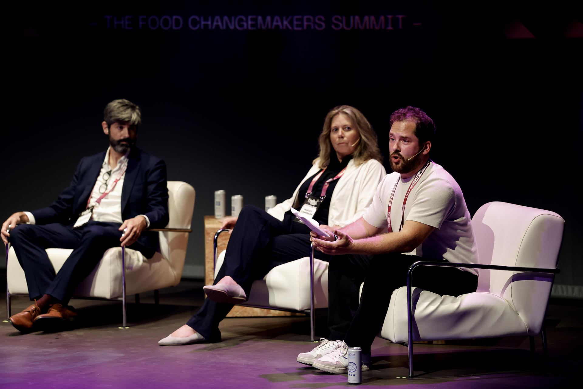 VALÈNCIA, 16/09/2026.- Jon García, Maggy Caminada y Guillermo Berlanga, durante la octava edición de ftalks:The Food Changemakers Summit, sobre innovación alimentaria, este miércoles en València.-EFE/ Ana Escobar