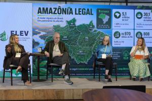 El científico brasileño Carlos Nobre asiste junto a la secretaria ejecutiva del Consorcio Amazônia Legal, Vanessa Duarte (i), la moderadora y periodista Daniela Chiaretti (2-d) y la directora ejecutiva del centro de investigación WRI Brasil, Mirela Sandrini, en la cuarta edición del Foro Latinoamericano de Economía Verde (FLEV), organizado por la Agencia EFE, este jueves, en Sao Paulo (Brasil). EFE/ Sebastiao Moreira
