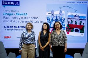 A vereadora de Cultura, Património e Educação Artística da Câmara Municipal de Braga, Catarina Miranda (d), con la delegada da área de Cultura, Turismo e Desporto da Câmara de Madrid, Marta Rivera de la Cruz, no evento Diálogos EFE - Desayunos Ibéricos, que teve o título 'Braga-Madrid: Património e cultura como modelos de desenvolvimento turístico' e que foi realizado na sede da Agência EFE em Madrid. EFE/David Fernández