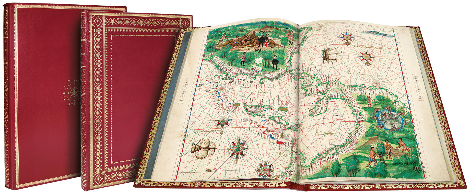 MADRID, 06/10/2026.- Imagen del Atlas Vallard, joya cartográfica del siglo XVI con 15 cartas náuticas y escenas coloniales. La editorial española Moleiro, especializada en reproducir manuscritos iluminados (ilustrados), asistirá este mes a la Feria Internacional del Libro Monterrey (FILMTY), en México, para exponer una veintena de tesoros del patrimonio bibliográfico mundial custodiados y ocultos al público en las grandes bibliotecas nacionales y museos. La editorial, con sede en Barcelona, explicó este martes que algunas de estas obras son el 'Atlas Vallard', de 1547, cuyo mapa del golfo de México incluye la enigmática isla Bermeja, o el 'Dioscórides' de Cibo y Mattioli (segunda mitad del siglo XVI), obra magna de la medicina renacentista sobre la riqueza del mundo vegetal y sus beneficios para la salud. EFE/Editorial Moleiro  -SÓLO USO EDITORIAL/SOLO USO PERMITIDO PARA ILUSTRAR LA NOTICIA QUE APARECE EN EL PIE DE FOTO (CRÉDITO OBLIGATORIO)-