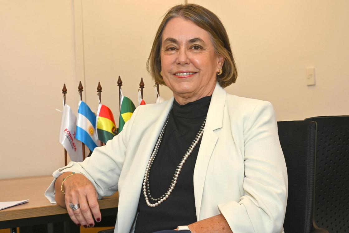 La presidenta ejecutiva del banco de desarrollo Fonplata, Luciana Botafogo, hablando en una entrevista con EFE en Montevideo (Uruguay). EFE/ Federico Gutiérrez